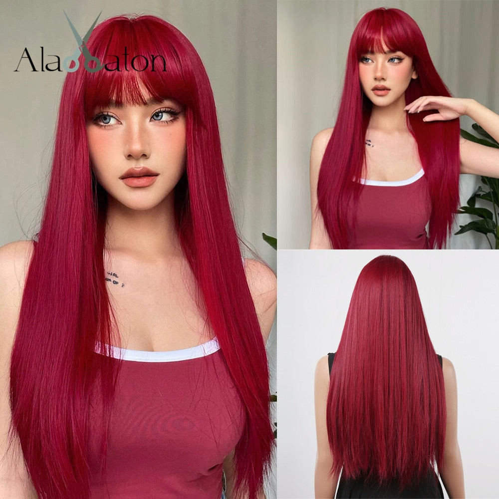 Auburn Layered Wig with Bangs Long Curly Wavy Wig for Women Synthetic Ginger Wig for Daily Party Heat Resistant Hair