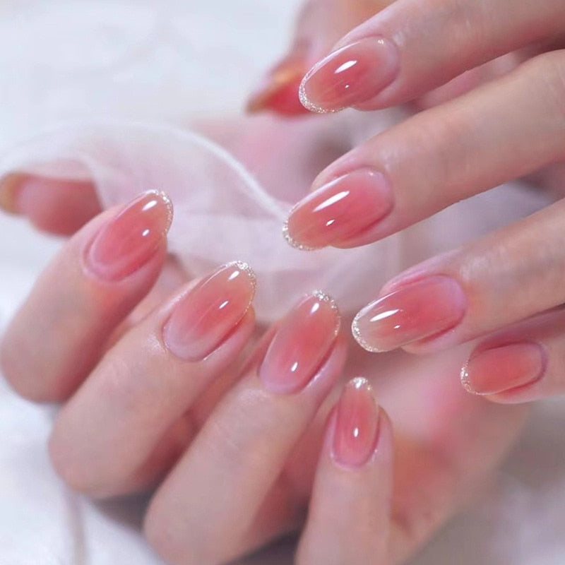 24pcs pink clouds design false nails with glue press on nails medium length acrylic nails coffin full cover nails tips supplies