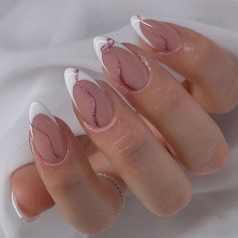 24pcs Almond Full Cover y2k black Sweet Fake Nails with glue cool Stiletto press on nails French artificial Nails With designs
