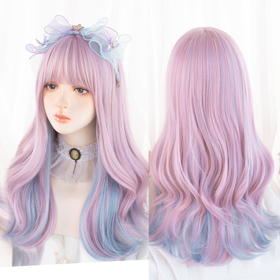 Synthetic long wavy curly hair female cold brown black cosplay Lolita pink purple blue wig heat-resistant bangs