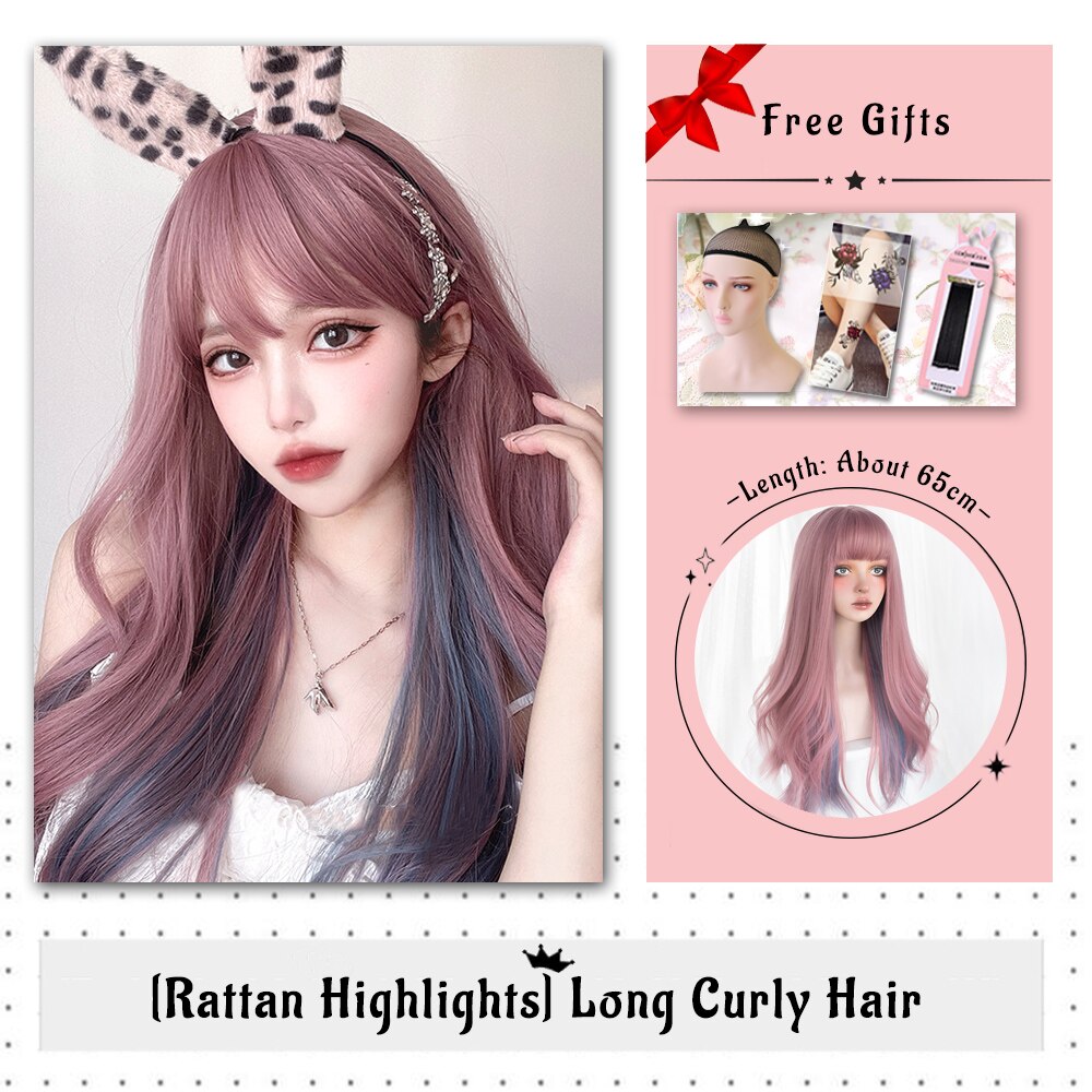 Brown Black Gold Wool Roll Synthetic Wig For Women Long Roll Wig Bangs Cosplay Party Heat Resistant Hair