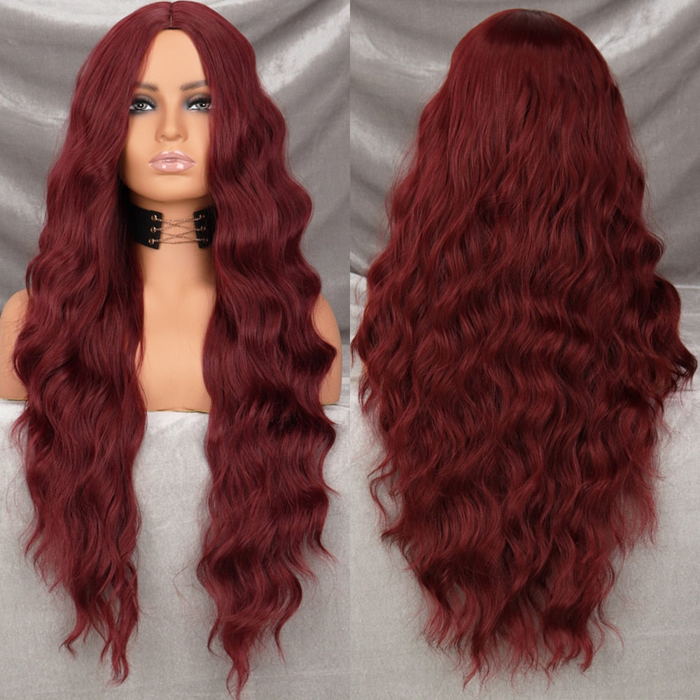 Long Wavy Green Synthetic Wig Women's Heat-Resistant Natural Half Part Cosplay Party Lolita Red Black Pink Wig