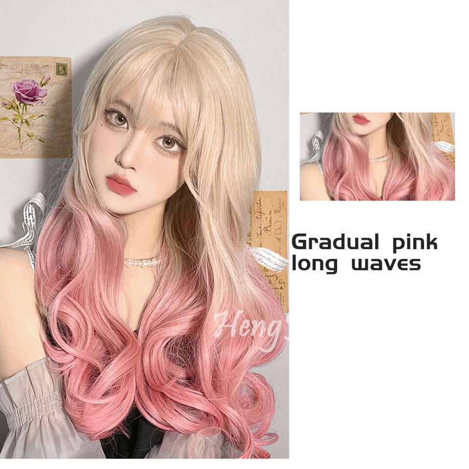 synthesis Long wavy curly girl blonde gradient pink Lolita cosplay curly bangs party wig