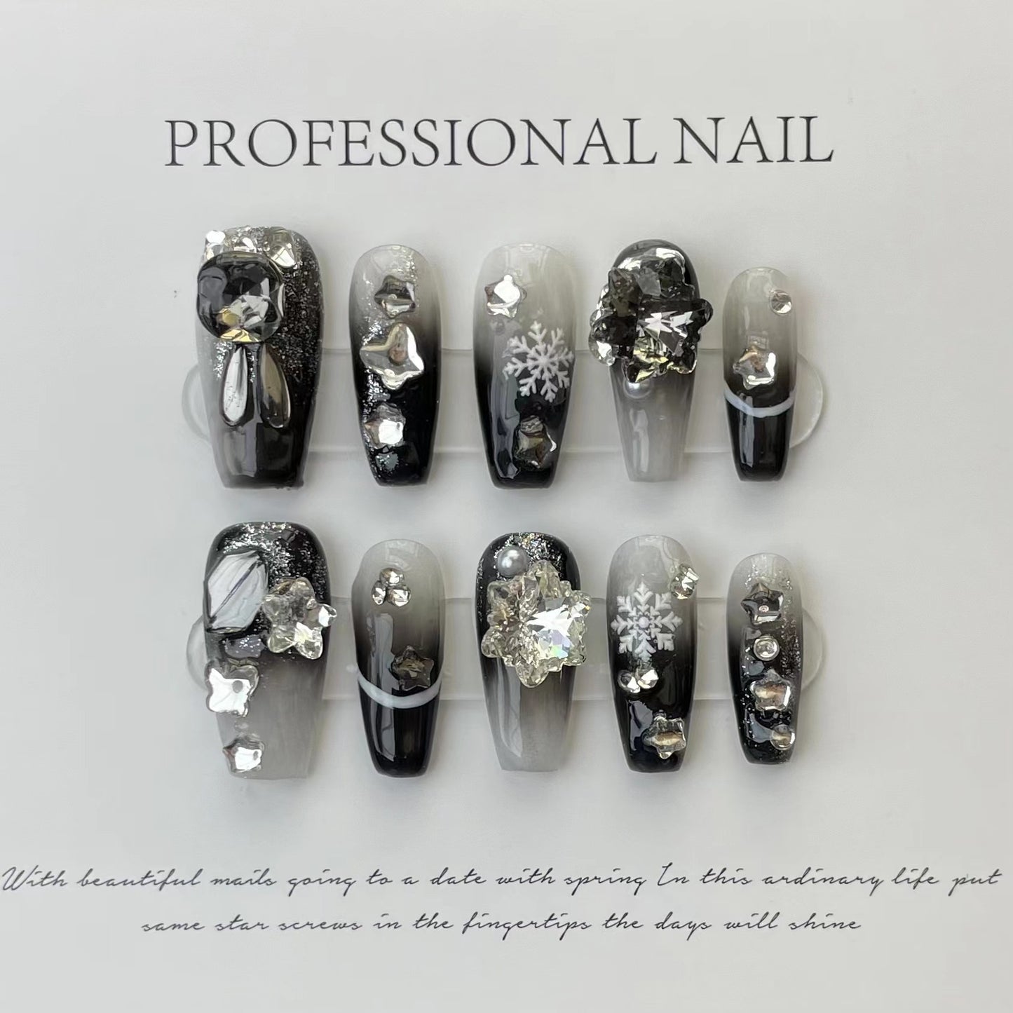 10Pcs Black Y2k False Nails Ballet Handmade Fake Nail Full Cover Nail Tips Wearable Professional Press on Nails with Rhinestone