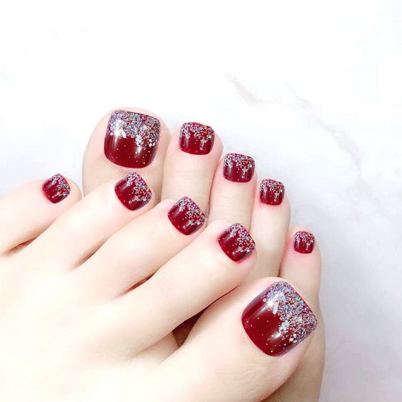 24pcs/box Fake Toenails With Designs Artificial Press On Nail Tips Full Cover Over Head False Nails With Glue Nail Art