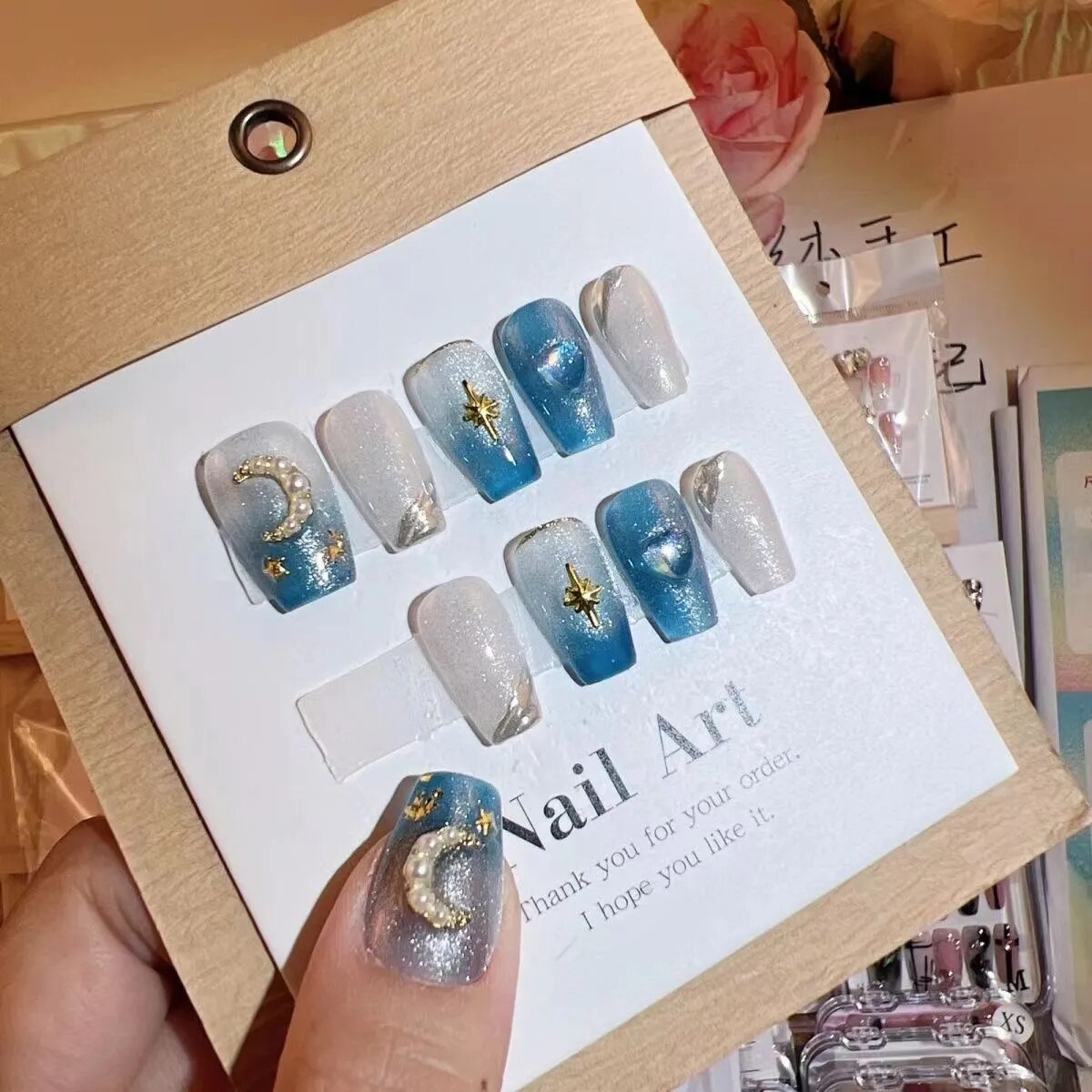 Blue Whale Handmade Wearable Fake Nails Mermaid Ocean Wearing Nails Sticker Reusable Press On Nail Patches Decoration