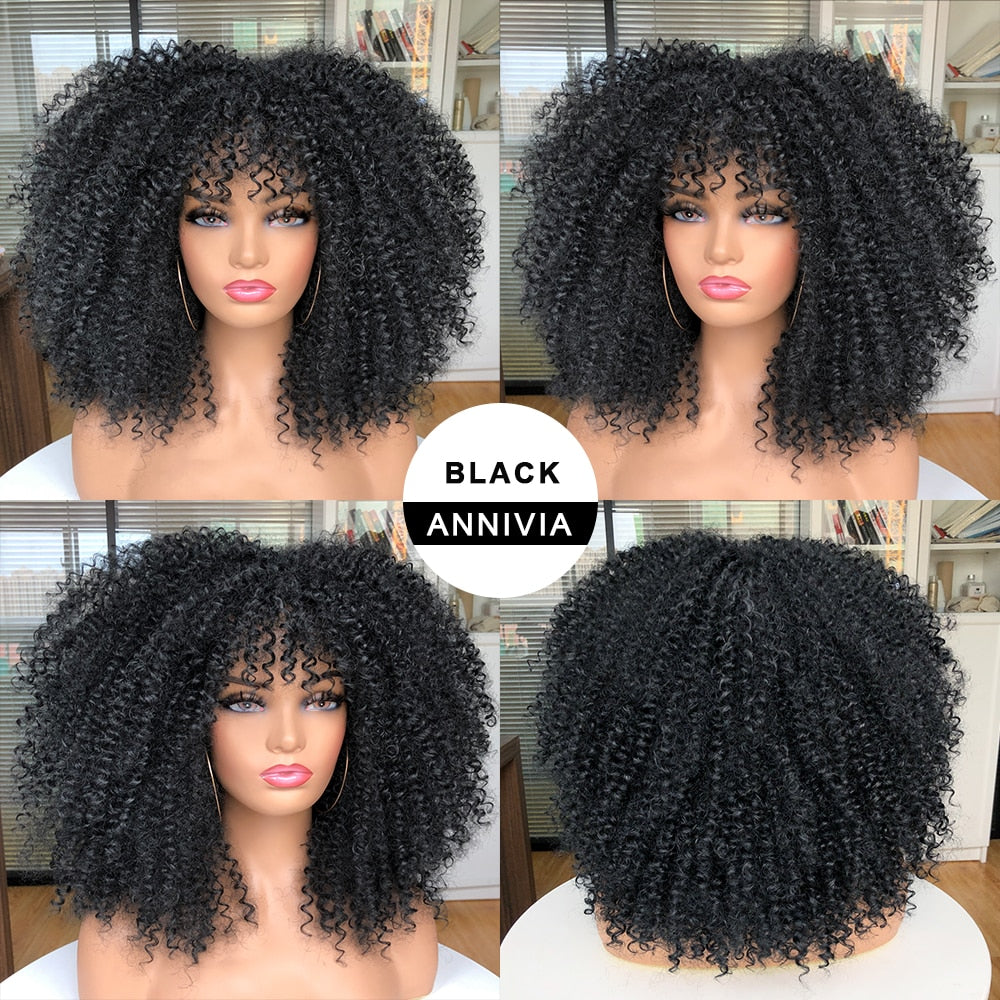 Curly Afro Wigs For Black Women Short Kinky Curly Wigs With Bangs 16inch Brown Afro Hair Synthetic Fibre Glueless Cosplay Hair