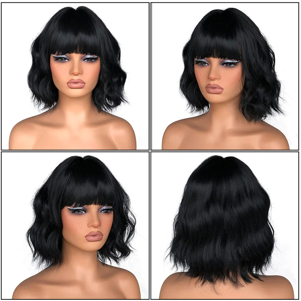 Black Wavy Wigs with Bangs Short Black Bob Wigs for Women Synthetic Natural Looking Heat Resistant Fiber Hair