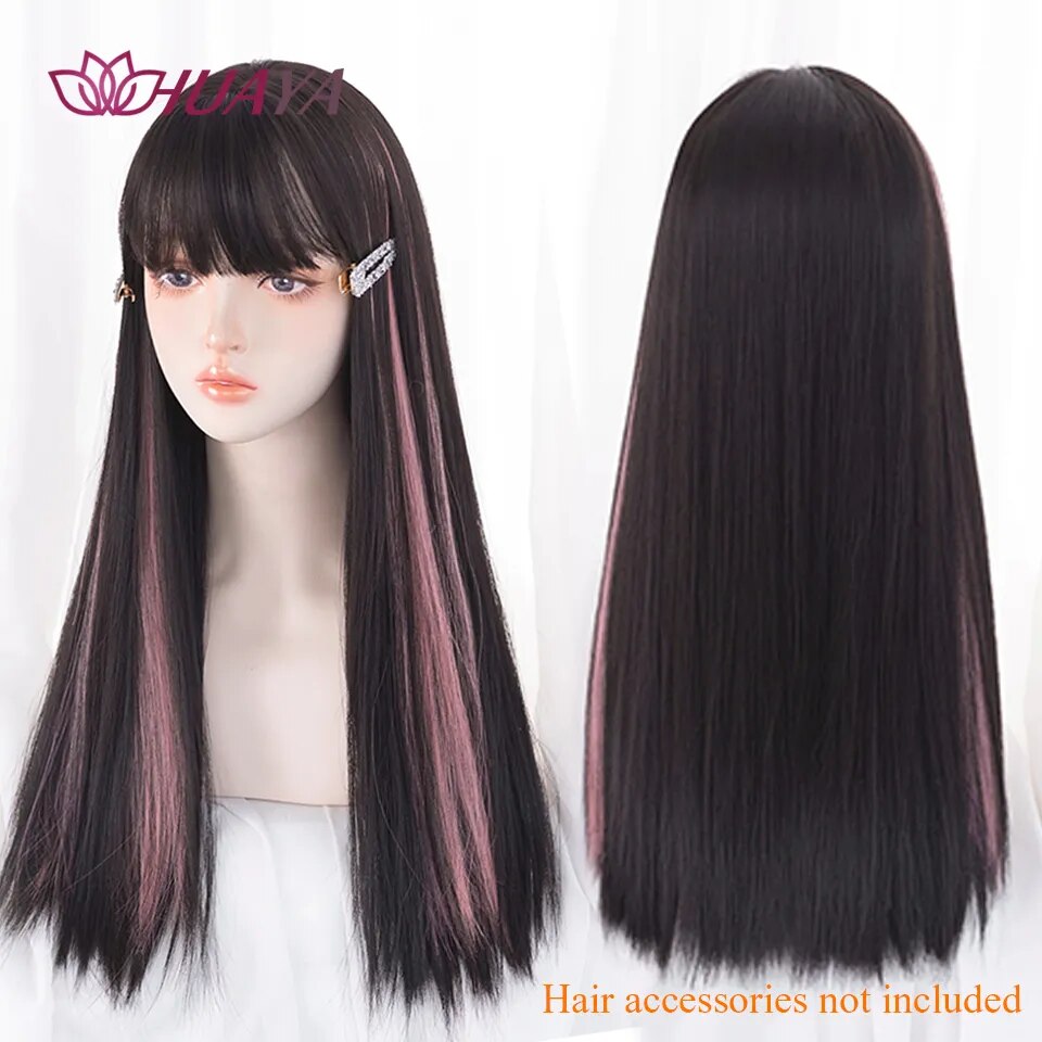 Long Straight Wig with Bangs Purple-White Heat Resistant Synthetic Hair Wigs for African American Girl Lolita Cosplay Wig
