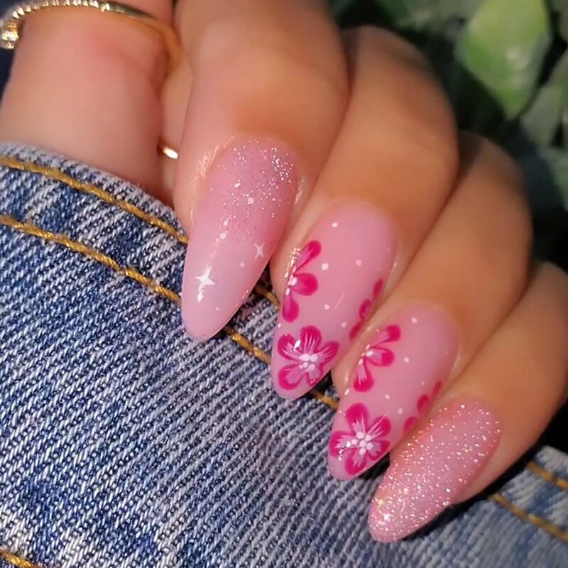 24pcs Almond Full Cover y2k black Sweet Fake Nails with glue cool Stiletto press on nails French artificial Nails With designs