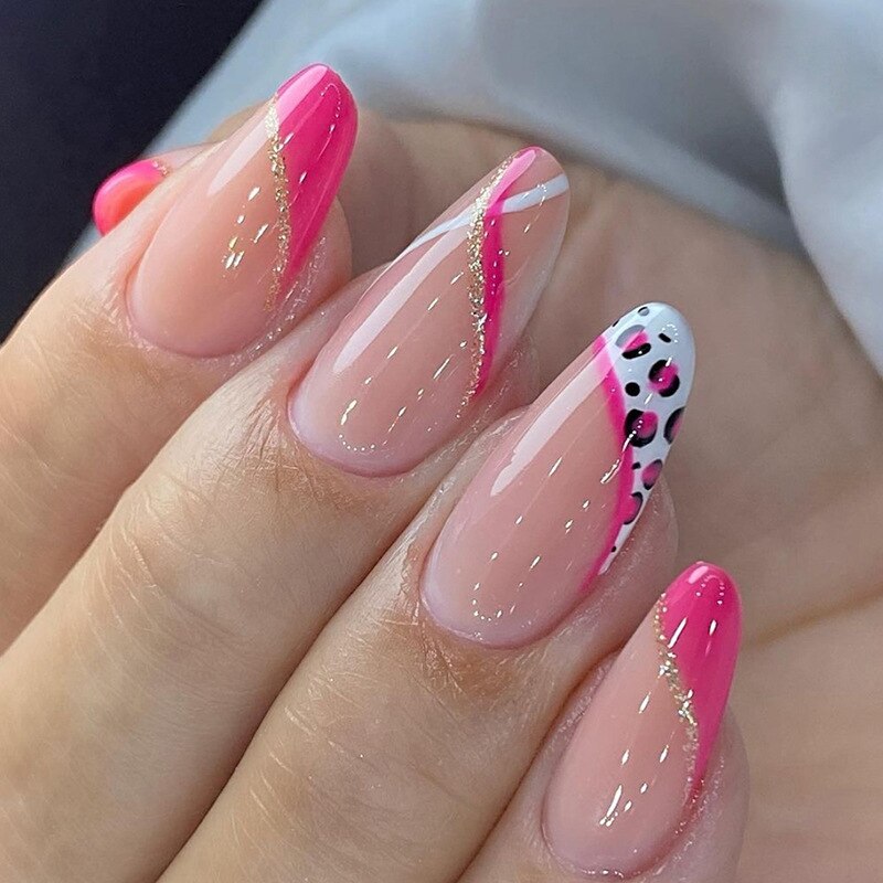 24pcs Almond Full Cover y2k black Sweet Fake Nails with glue cool Stiletto press on nails French artificial Nails With designs