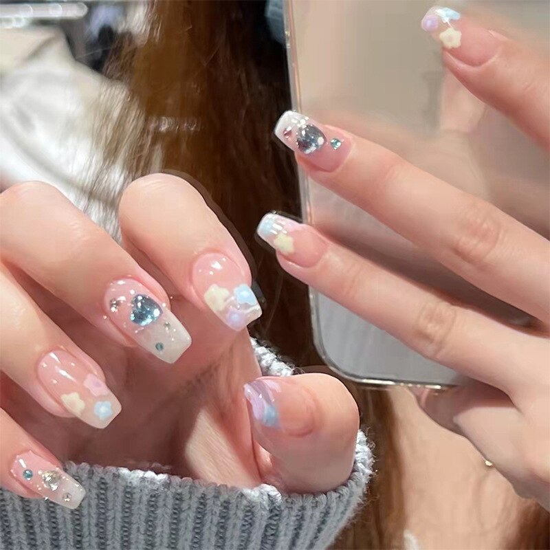 24pcs Butterfly decorated false nails Removable Long Paragraph Manicure fake nail tips full cover acrylic for girls nail