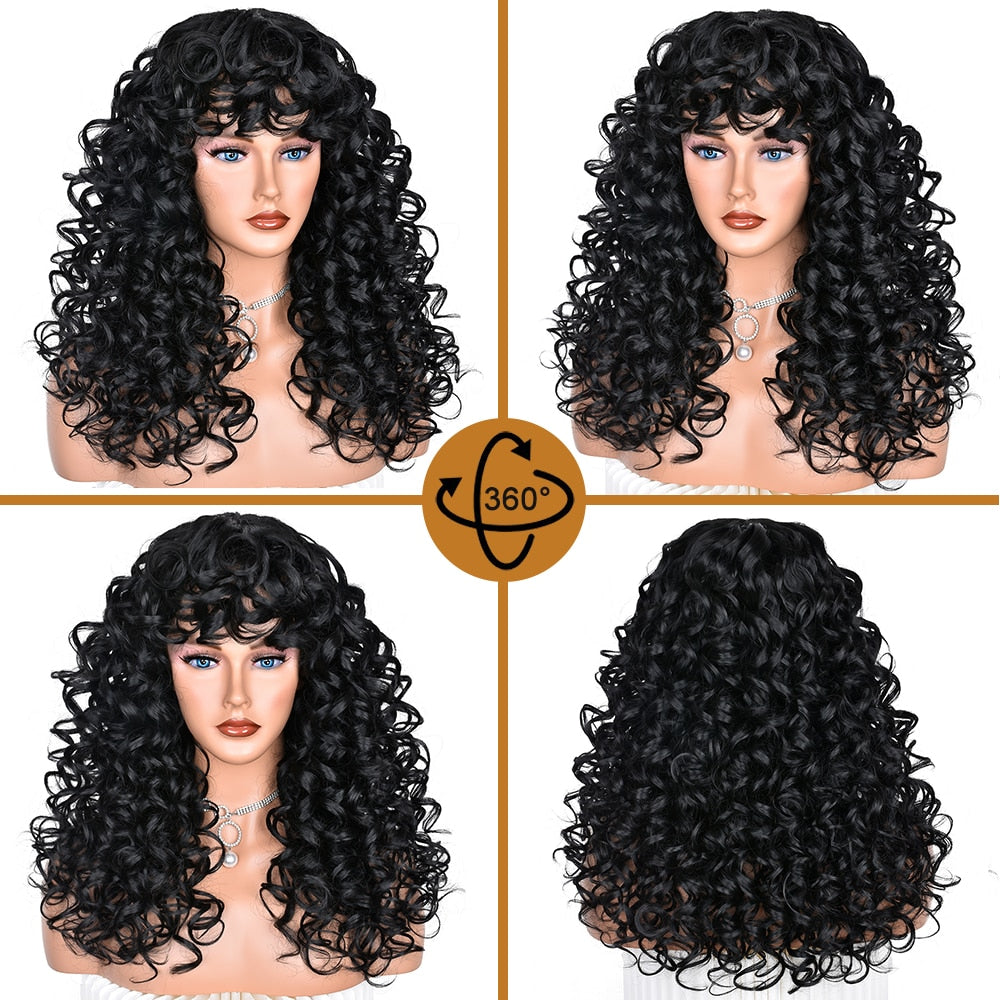 Red Brown Curly wigs with Bangs Natural Synthetic Long Wavy Wigs for Women Afro Cosplay Daily Heat Resistant Hair Wig