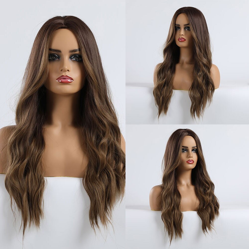 Brown to Light Blonde Ombre Platinum Synthetic Wig for Women Long Wavy Middle Part Hair Wig Cosplay Natural Heat Resistant