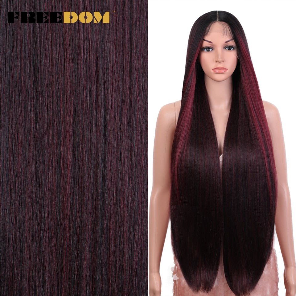 Straight Synthetic Lace Wigs For Women Ombre Brown Handtied Lace Wig 36 Inch Middle Part Long Blue Pink Cosplay Wig