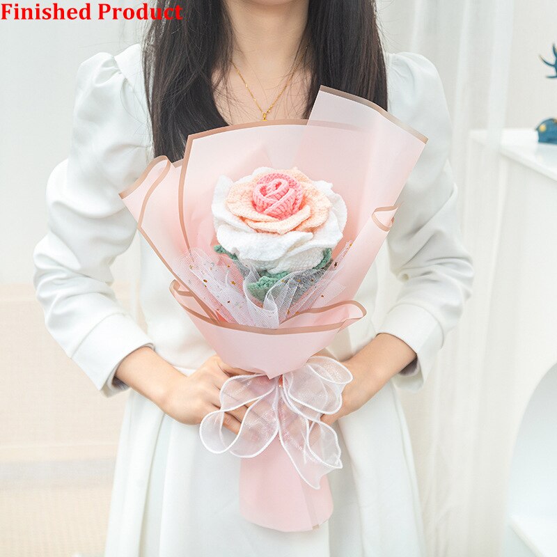 Knitting Flowers Rose Tulip Artificial Fake Flowers Bouquet Wedding Decoration Hand-woven Home Decorate Knit Fake Flower Gifts