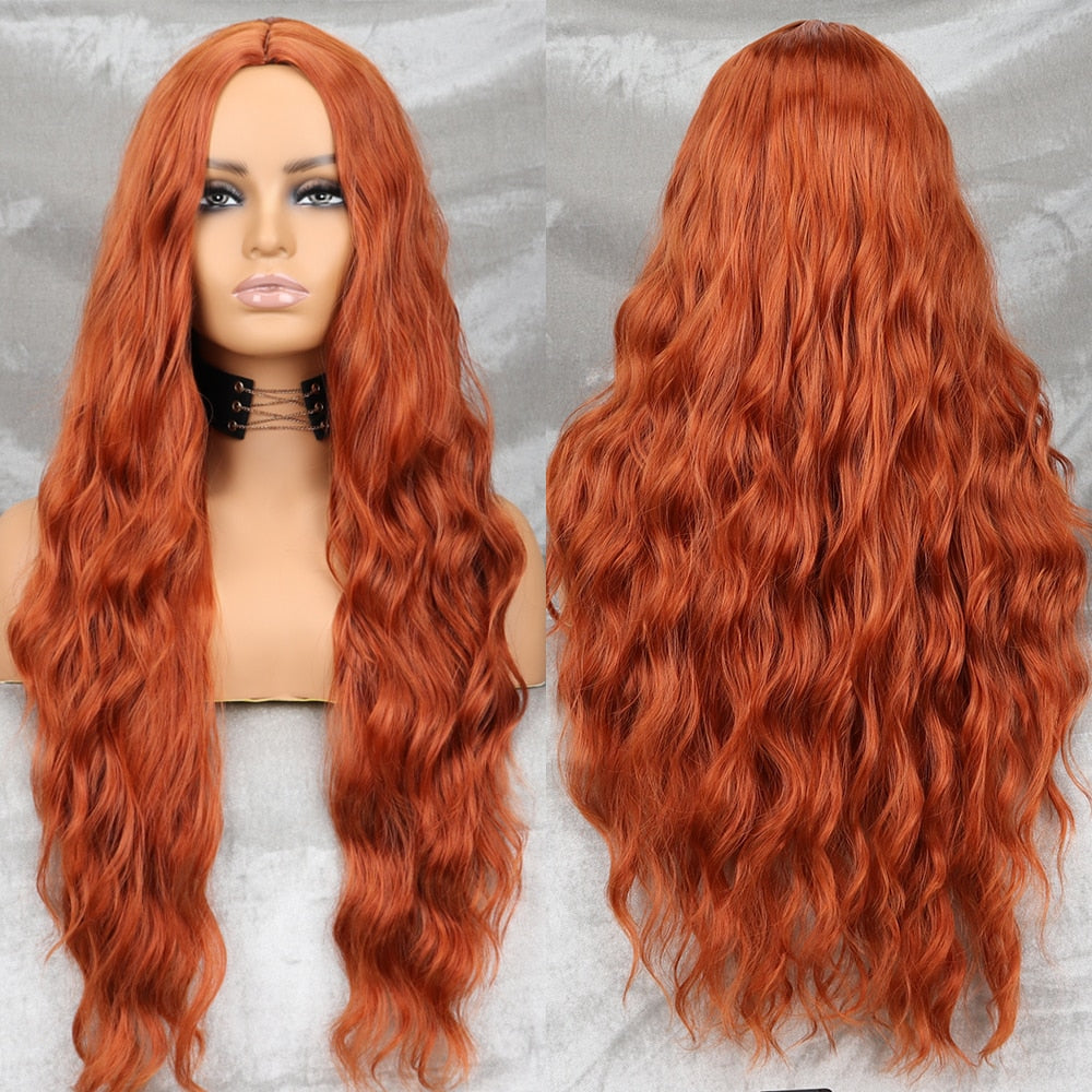 Long Wavy Green Synthetic Wig Women's Heat-Resistant Natural Half Part Cosplay Party Lolita Red Black Pink Wig