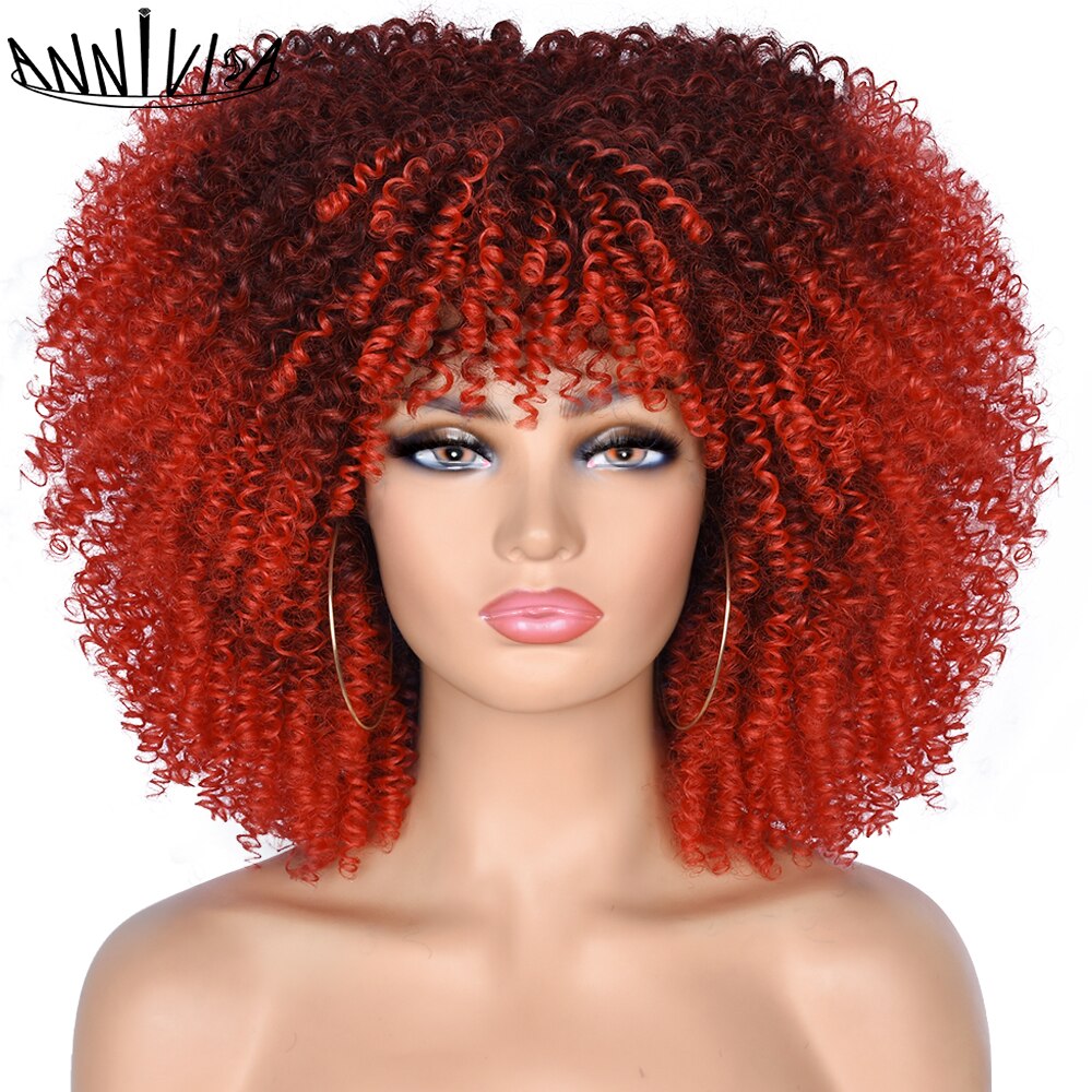 Short Hair Afro Kinky Curly Wigs With Bangs for Black Women Synthetic Ombre Glueless Cosplay Natural Brown Black Pink