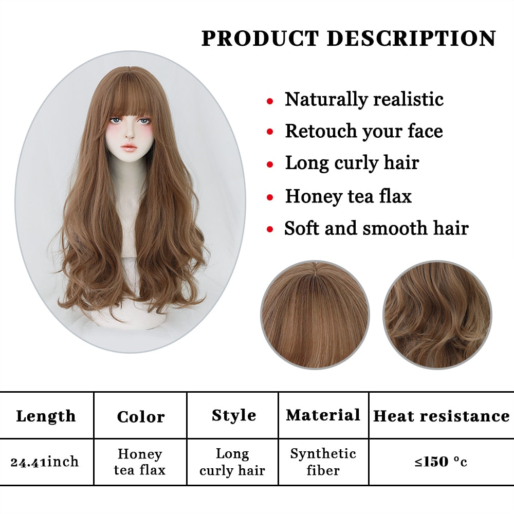Long Curly Hair Women Wig with Bangs Daily Brown Black Pink Lolita Cosplay Braided Wigs Heat Resistant Fiber
