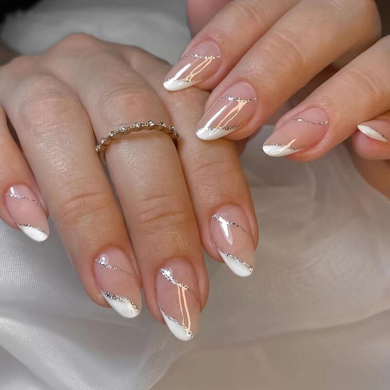 24pcs Almond Full Cover y2k black Sweet Fake Nails with glue cool Stiletto press on nails French artificial Nails With designs