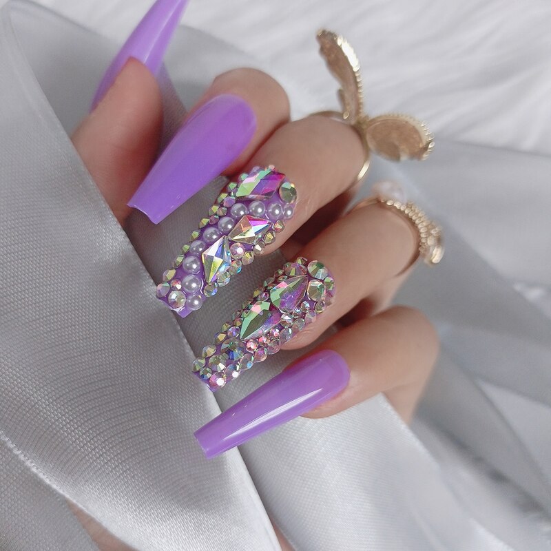 24pcs luxury jewelry long ballet coffin fake nails crystal diamond Transparent