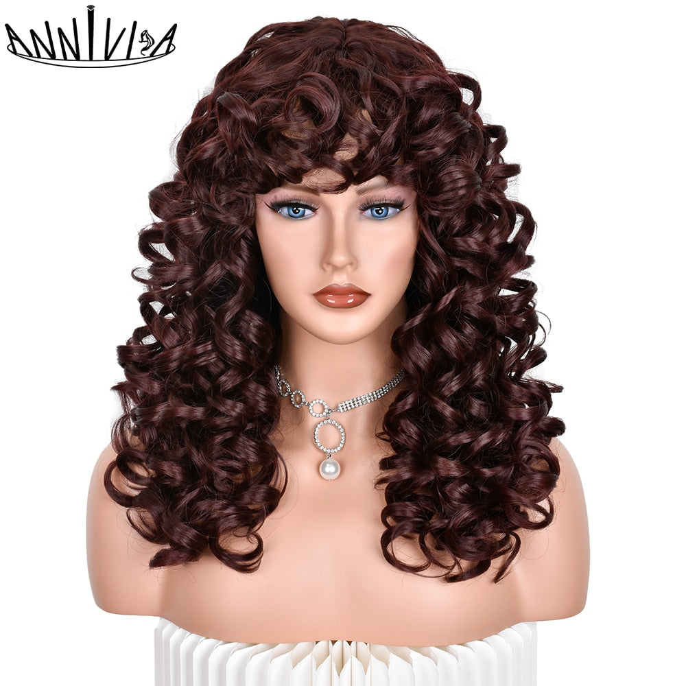 Red Brown Curly wigs with Bangs Natural Synthetic Long Wavy Wigs for Women Afro Cosplay Daily Heat Resistant Hair Wig