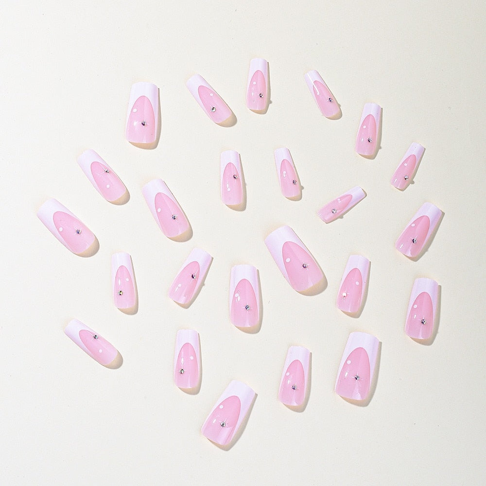 Long Ballet False Nails French With Rhinestones Artificial Handmade coffin Fake Nails Manicure Press on Nail Seamless Removable