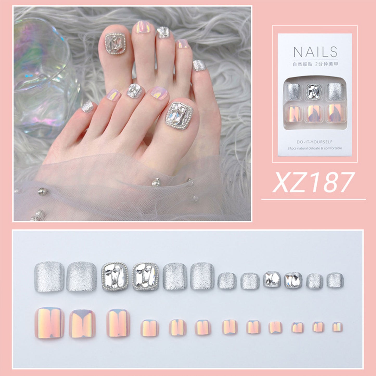 Gold Full Diamond Feet Nails Press On Fake Glitter Toe Nail Stickers Full Cover Toe Nail Tips False Foot Nails