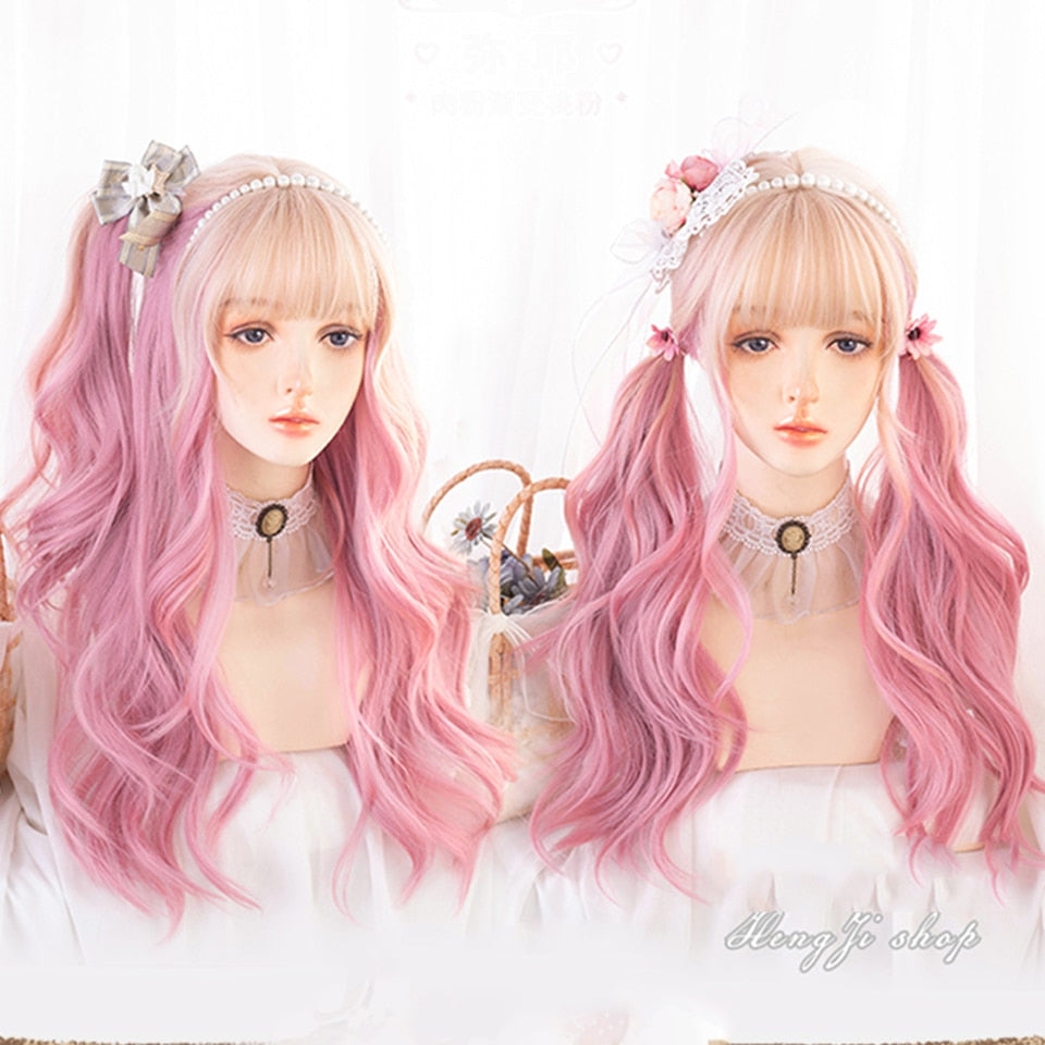 Synthetic long wavy curly hair female cold brown black cosplay Lolita pink purple blue wig heat-resistant bangs