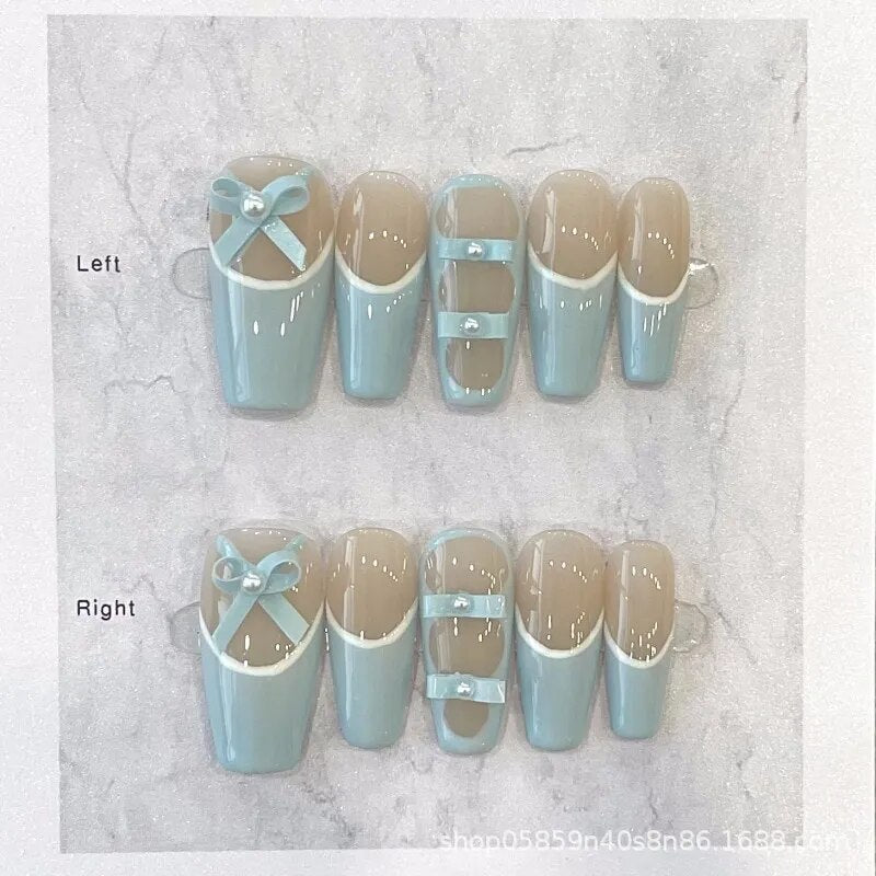 10 Piece For Set White Bow French Style fake nail patch Fairy Dreamy Cute Long T False Nail Art Finished Press On Wearable Nail