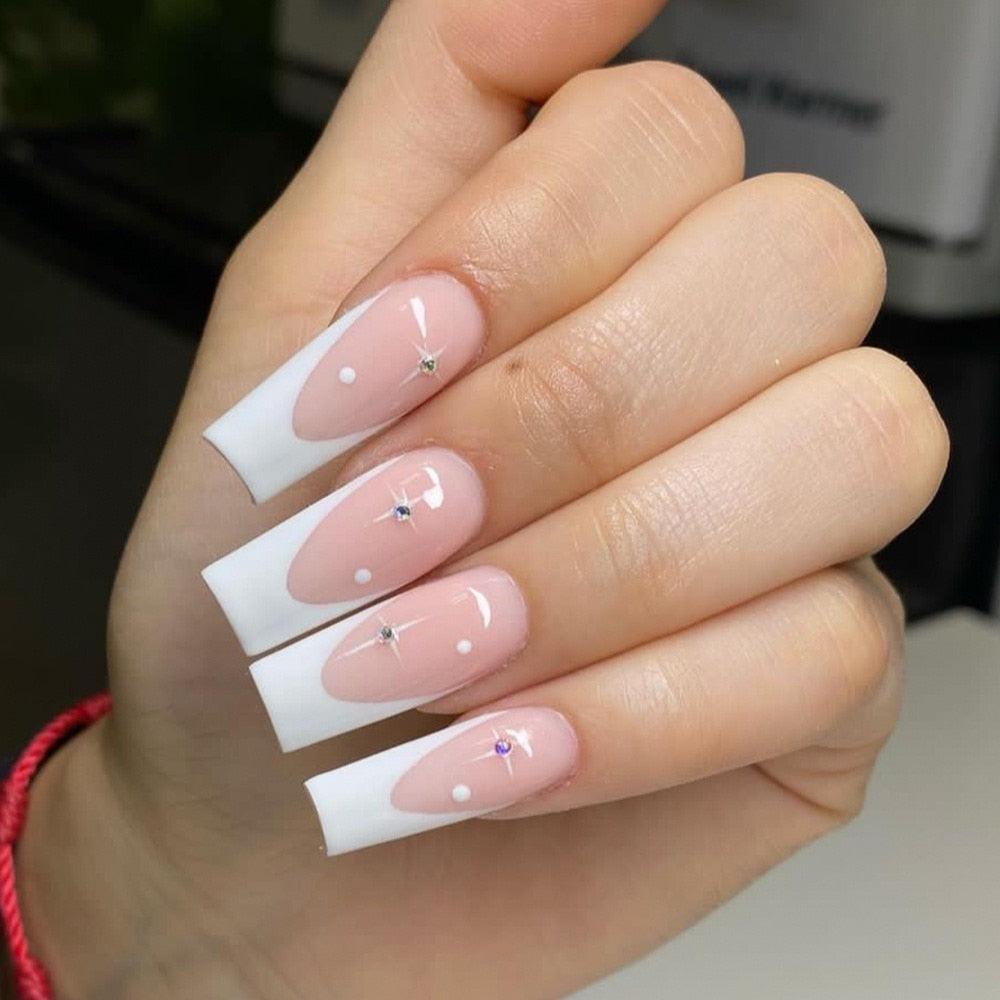 Long Ballet False Nails French With Rhinestones Artificial Handmade coffin Fake Nails Manicure Press on Nail Seamless Removable