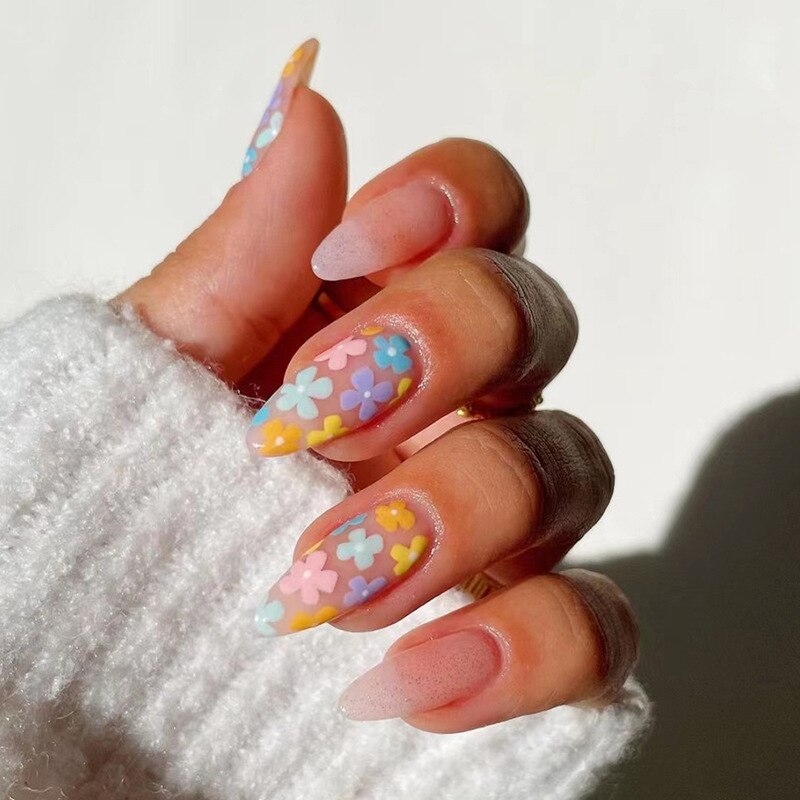 24pcs pink clouds design false nails with glue press on nails medium length acrylic nails coffin full cover nails tips supplies