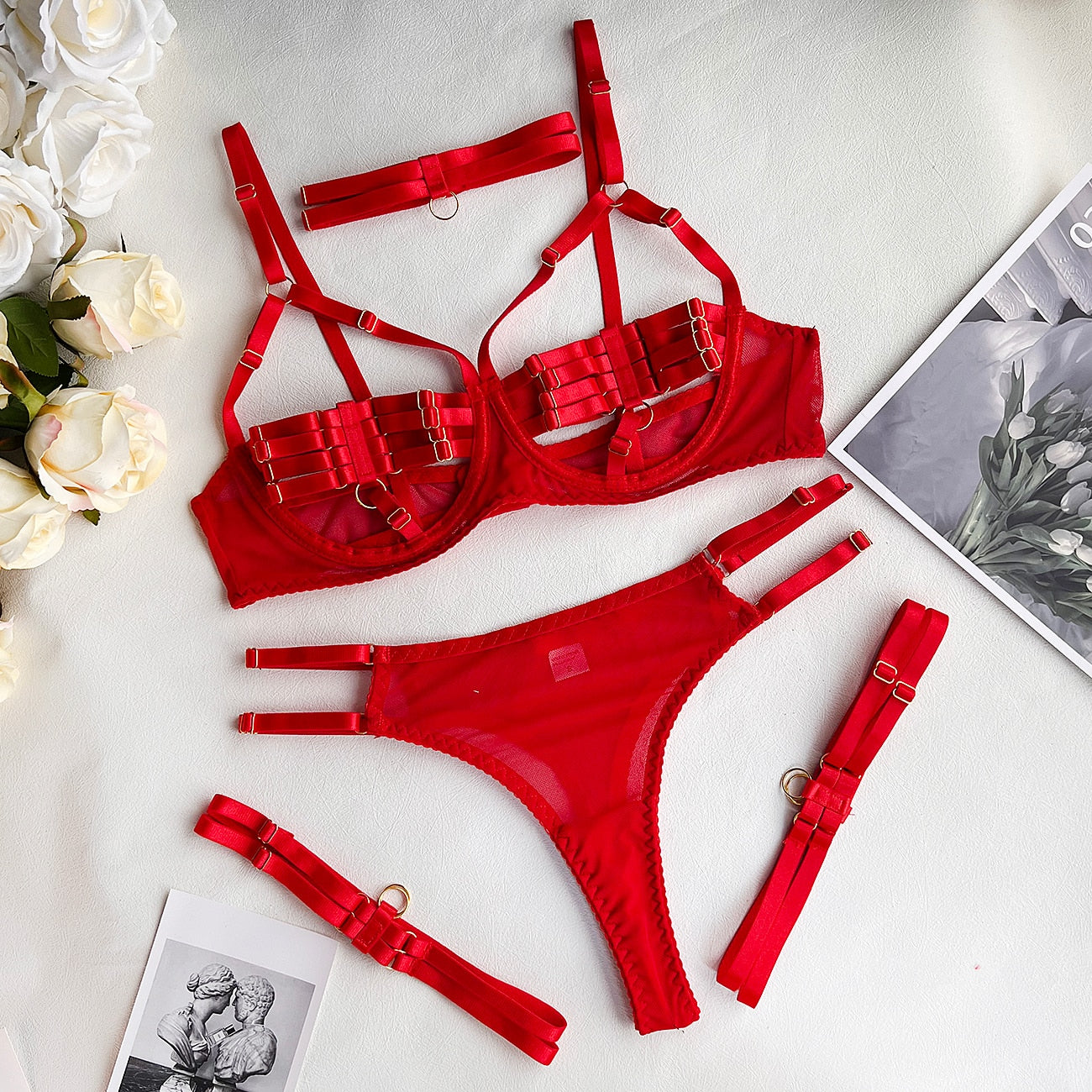 Sexy Lingerie Naked Women Without Censorship 5-Piece Sexy Costume Hollow Underwear Uncensored Sensual Open Bra Outfits