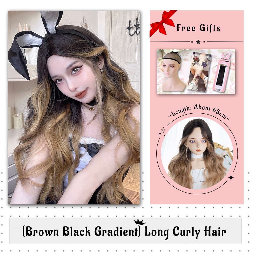 Brown Black Gold Wool Roll Synthetic Wig For Women Long Roll Wig Bangs Cosplay Party Heat Resistant Hair