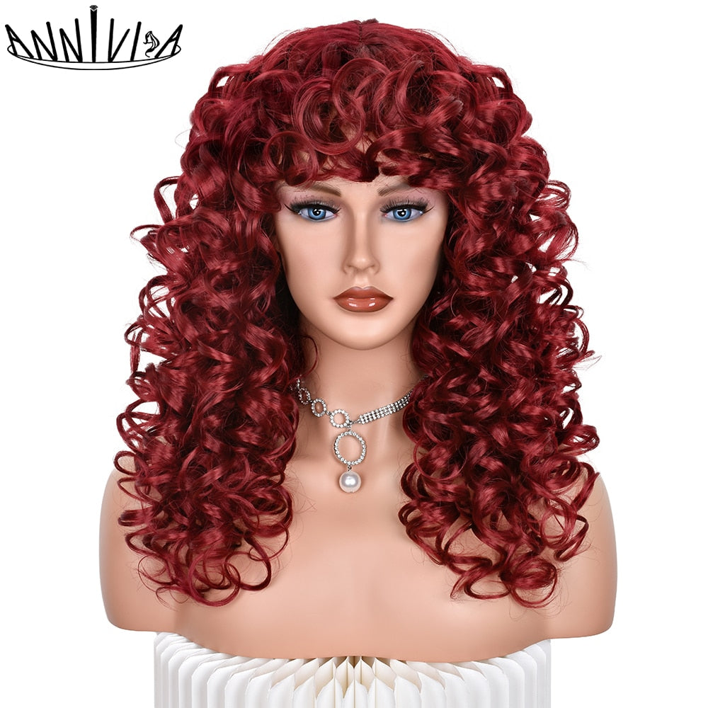 Red Brown Curly wigs with Bangs Natural Synthetic Long Wavy Wigs for Women Afro Cosplay Daily Heat Resistant Hair Wig