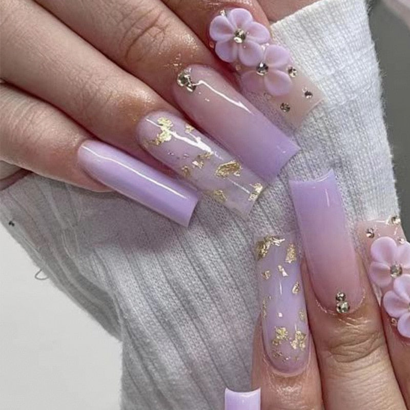 24Pcs Wearable False Nails with glue Long Ballerina Pink Press On Nails French Full Cover Coffin Fake Nails tip with rhinestones