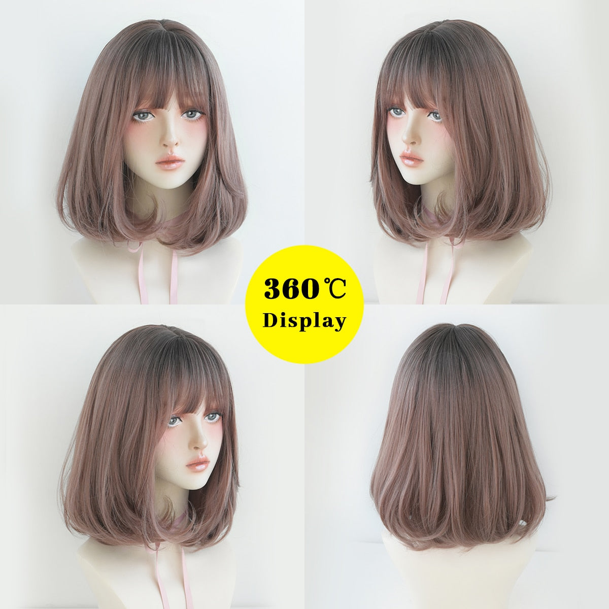 Short Wigs Straight Bob Wigs with Bangs Brown Pink Wig Black Natural Synthetic Hair for Women Daily Cosplay Heat Resistant Wig