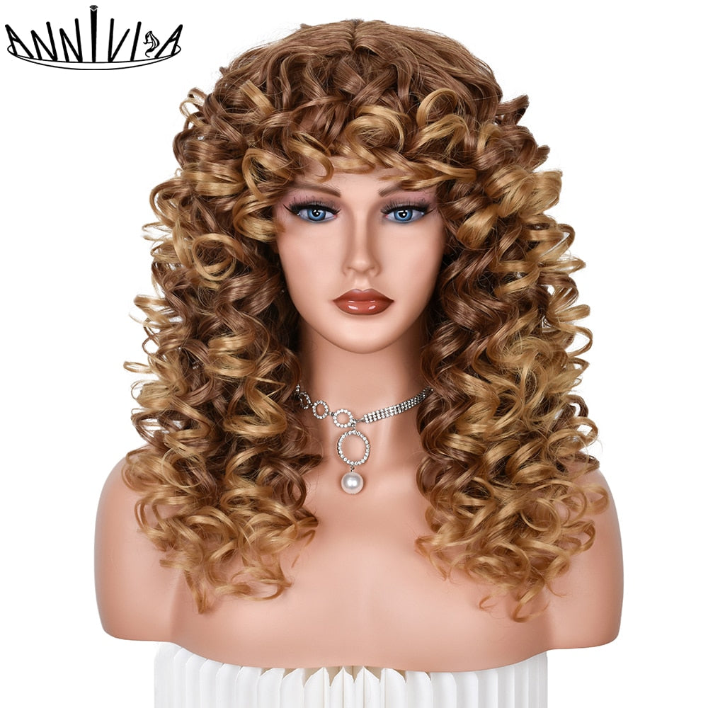Red Brown Curly wigs with Bangs Natural Synthetic Long Wavy Wigs for Women Afro Cosplay Daily Heat Resistant Hair Wig