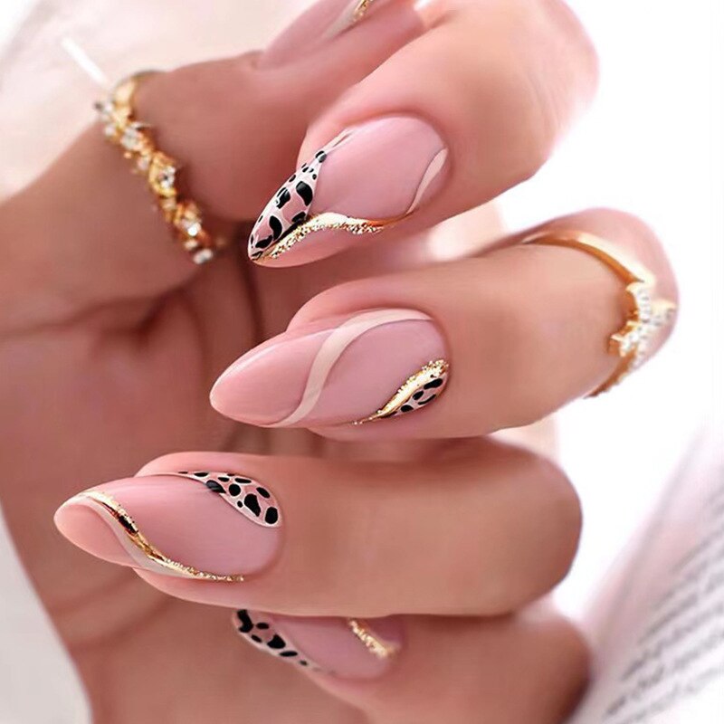 24pcs Almond Full Cover y2k black Sweet Fake Nails with glue cool Stiletto press on nails French artificial Nails With designs