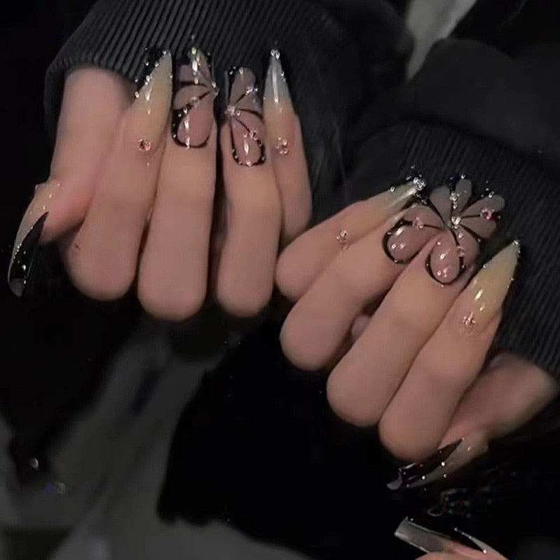 24Pcs Wearable False Nails with glue Long Ballerina Pink Press On Nails French Full Cover Coffin Fake Nails tip with rhinestones