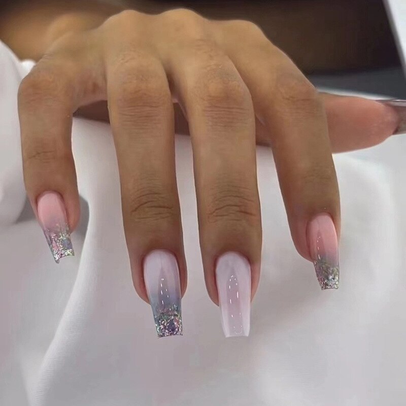 24pcs pink clouds design false nails with glue press on nails medium length acrylic nails coffin full cover nails tips supplies
