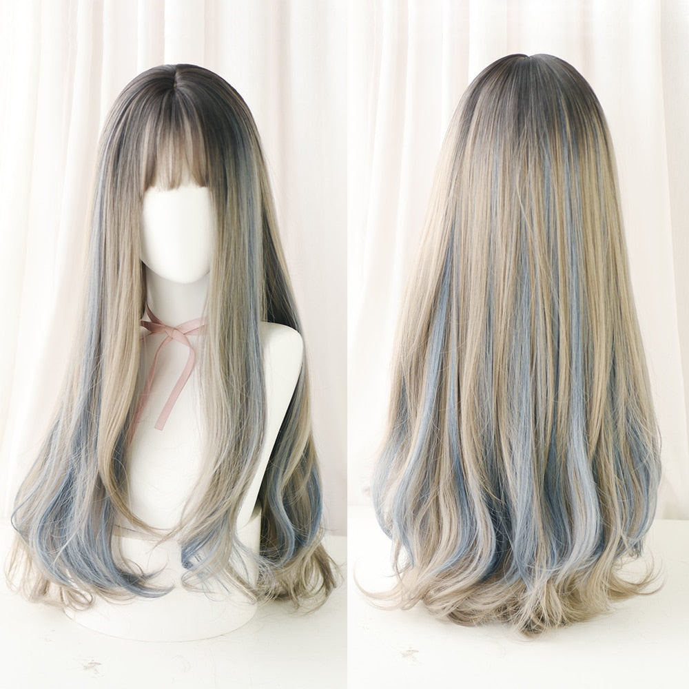 Long Curly Hair Women Wig with Bangs Daily Brown Black Pink Lolita Cosplay Braided Wigs Heat Resistant Fiber