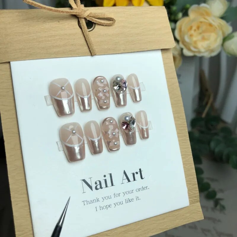 10 Piece For Set White Bow French Style fake nail patch Fairy Dreamy Cute Long T False Nail Art Finished Press On Wearable Nail