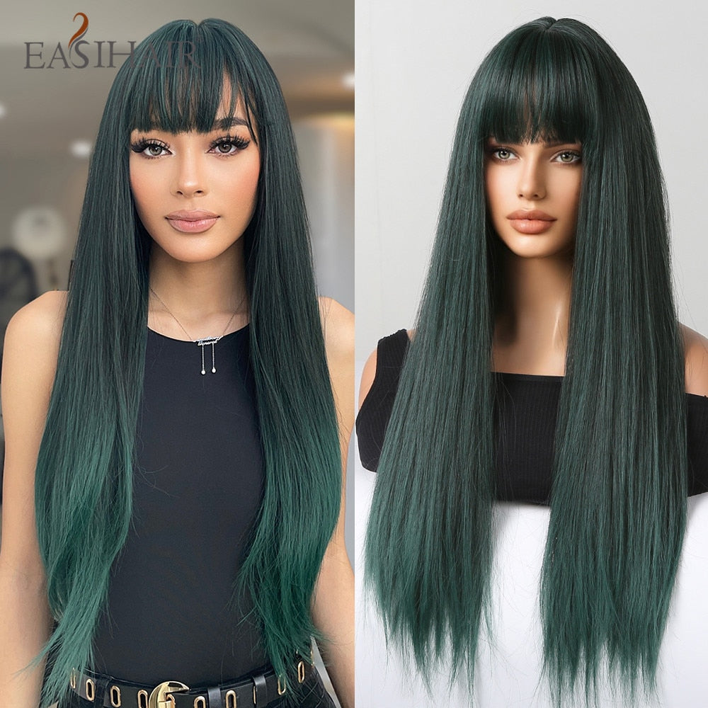 Long Straight Bangs Wigs Natural Ombre Dark Brown Synthetic Hair Wig for Women Daily Cosplay Party Heat Resistant Fiber