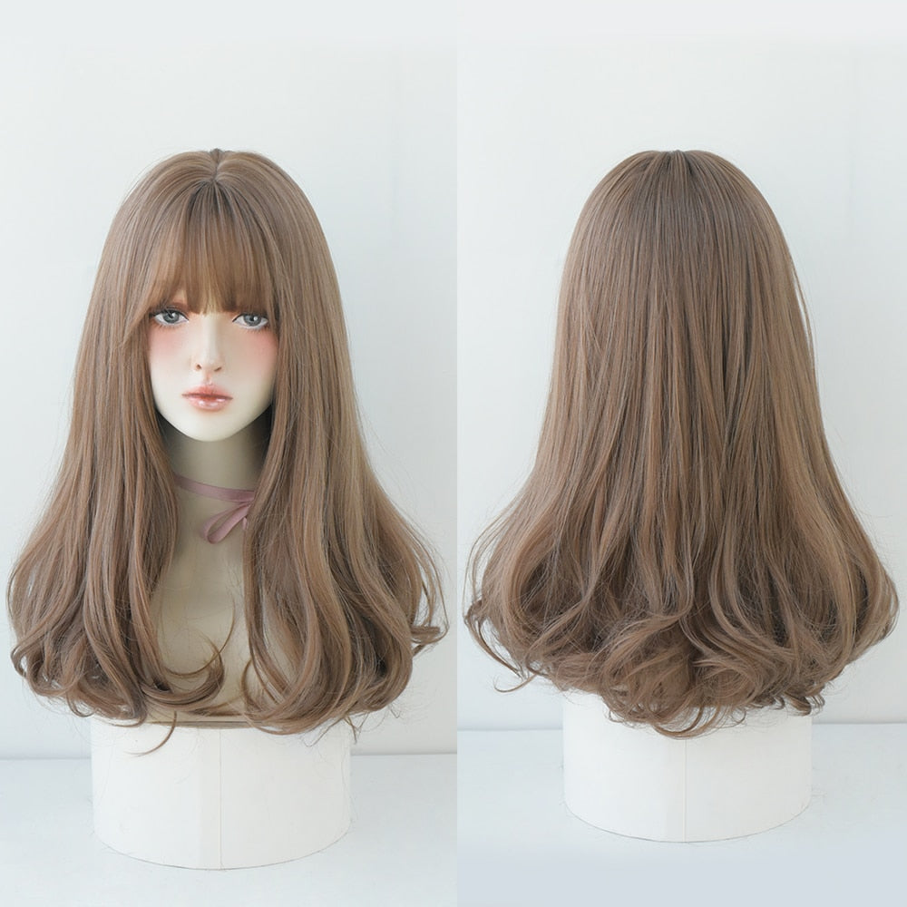 Long Curly Hair Women Wig with Bangs Daily Brown Black Pink Lolita Cosplay Braided Wigs Heat Resistant Fiber