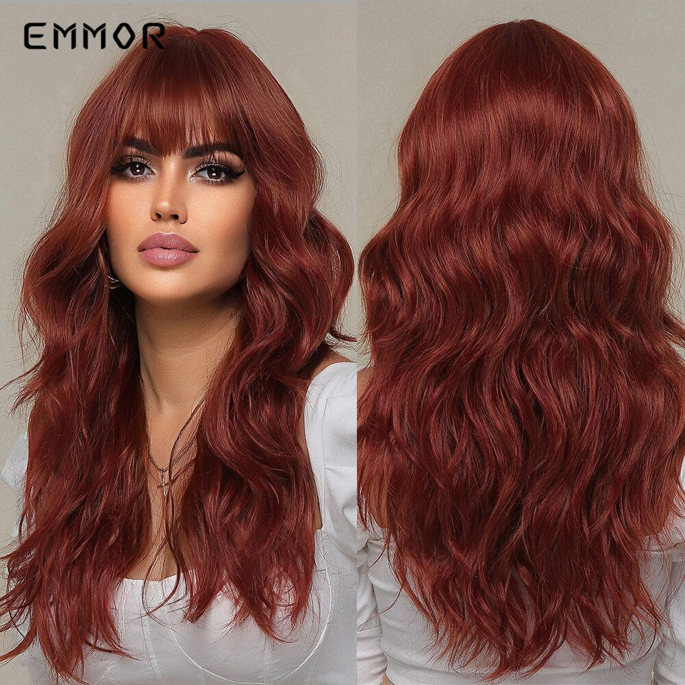 Synthetic Ombre brown to Light Blonde Hair Wig with Bangs Natural Wavy Wig for Women Cosplay Heat Resistant Fiber Wigs