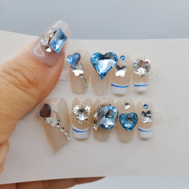 French Sailor Style Pure Handmaded T-shaped Reusable False Nails Light Blue Love Heart Crushed Diamond Wearable Nails Detachable