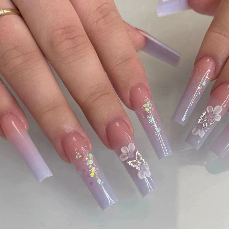 24Pcs Wearable False Nails with glue Long Ballerina Pink Press On Nails French Full Cover Coffin Fake Nails tip with rhinestones