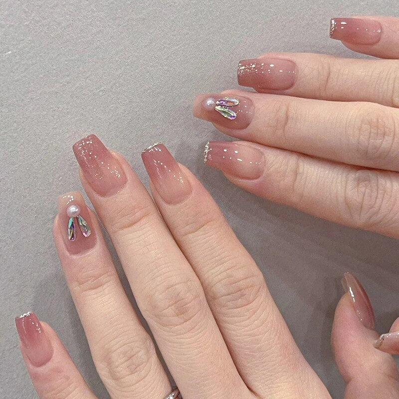 24pcs Butterfly decorated false nails Removable Long Paragraph Manicure fake nail tips full cover acrylic for girls nail