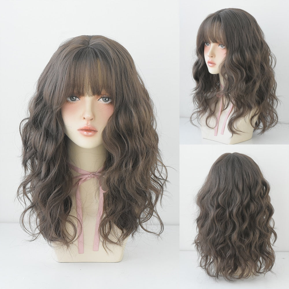 Long Curly Hair Women Wig with Bangs Daily Brown Black Pink Lolita Cosplay Braided Wigs Heat Resistant Fiber